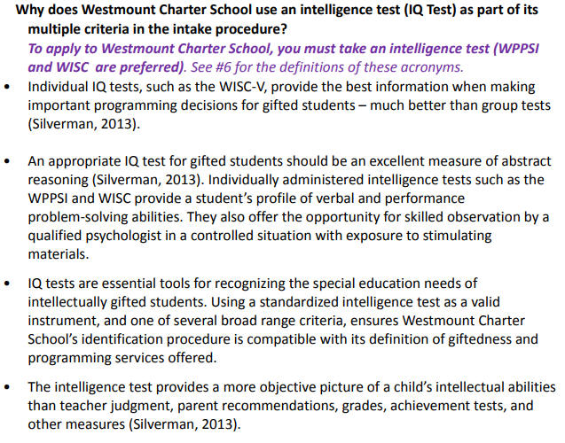 Westmount Charter School use an intelligence test (IQ Test)
